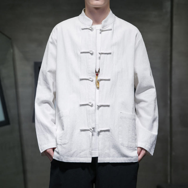 Veste en coton et lin pour homme avec poches et boutons de Buddha Stones de couleur unie
