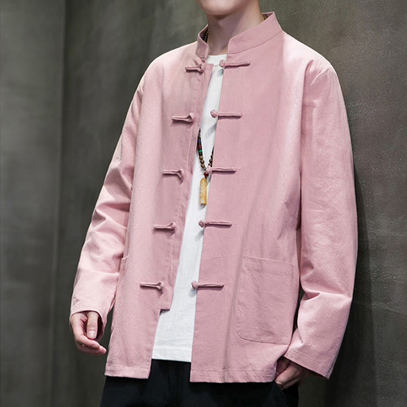 Veste en coton et lin pour homme avec poches et boutons de Buddha Stones de couleur unie