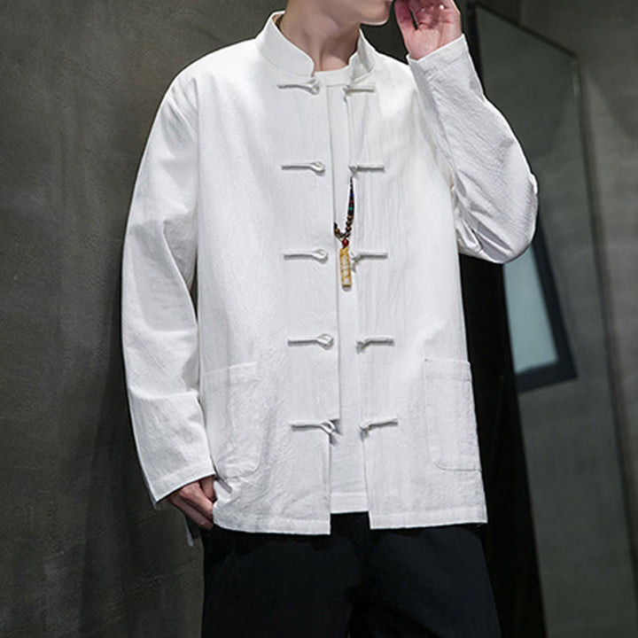 Veste en coton et lin pour homme avec poches et boutons de Buddha Stones de couleur unie - image 43