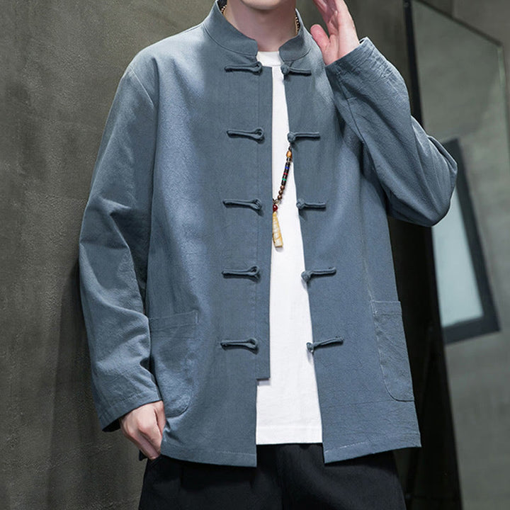 Veste en coton et lin pour homme avec poches et boutons de Buddha Stones de couleur unie