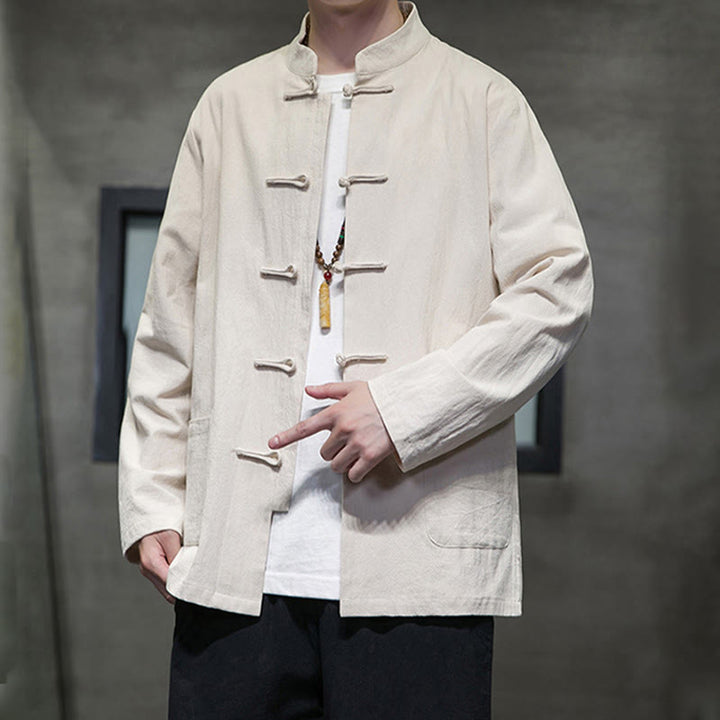 Veste en coton et lin pour homme avec poches et boutons de Buddha Stones de couleur unie