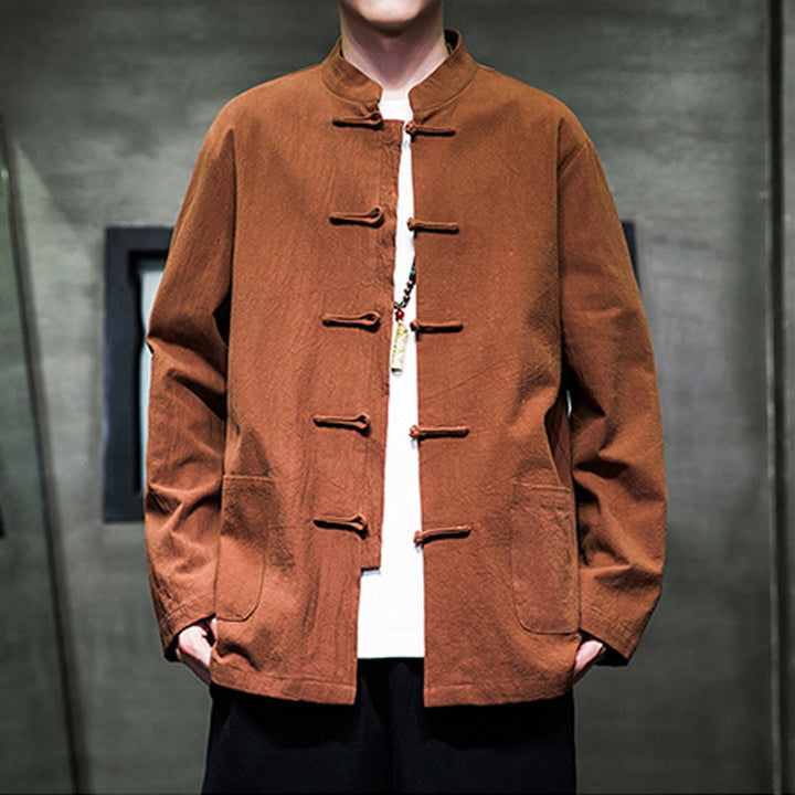 Veste en coton et lin pour homme avec poches et boutons de Buddha Stones de couleur unie
