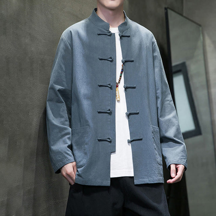 Veste en coton et lin pour homme avec poches et boutons de Buddha Stones de couleur unie