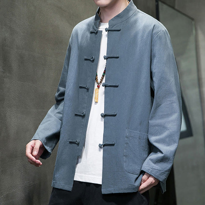 Veste en coton et lin pour homme avec poches et boutons de Buddha Stones de couleur unie - image 1