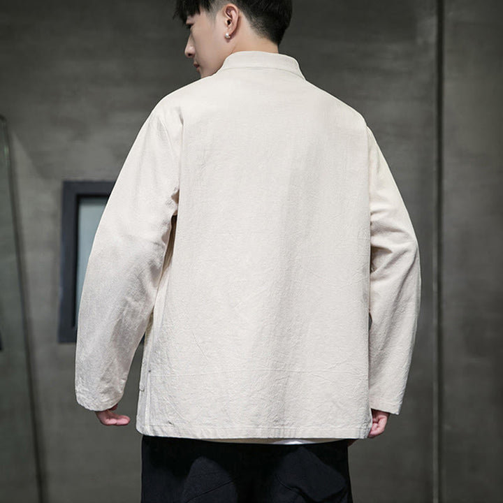 Veste en coton et lin pour homme avec poches et boutons de Buddha Stones de couleur unie
