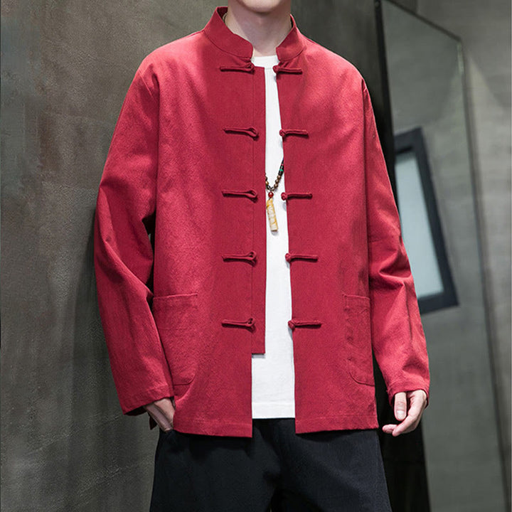 Veste en coton et lin pour homme avec poches et boutons de Buddha Stones de couleur unie
