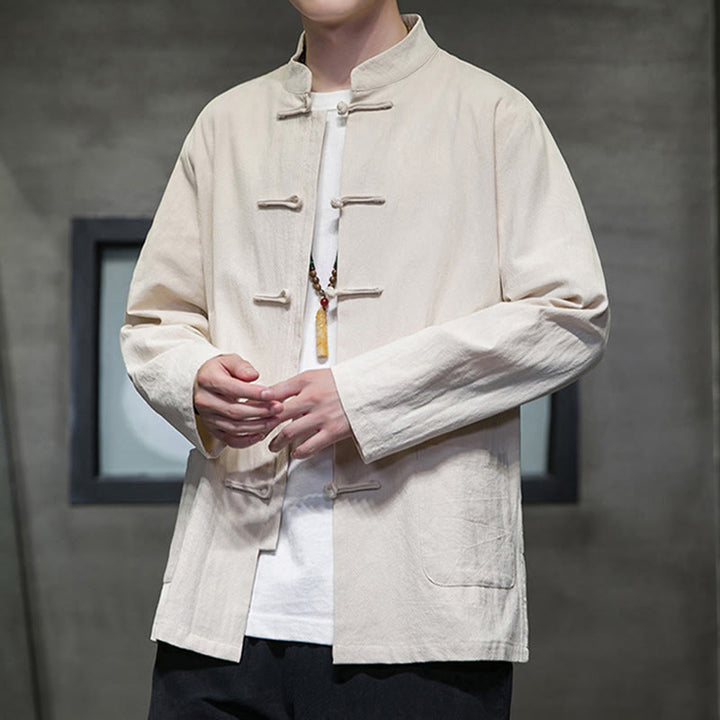 Veste en coton et lin pour homme avec poches et boutons de Buddha Stones de couleur unie - image 12