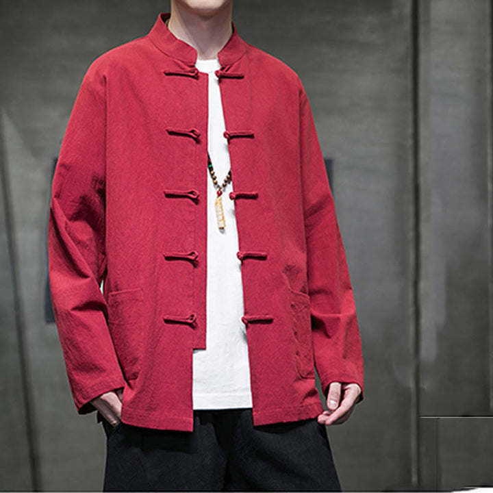 Veste en coton et lin pour homme avec poches et boutons de Buddha Stones de couleur unie