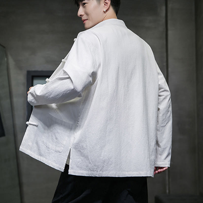 Veste en coton et lin pour homme avec poches et boutons de Buddha Stones de couleur unie