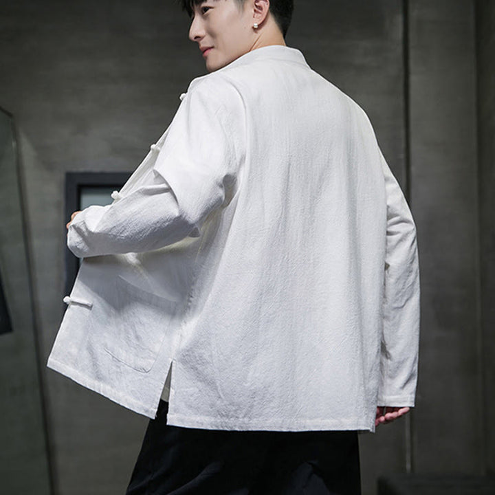 Veste en coton et lin pour homme avec poches et boutons de Buddha Stones de couleur unie