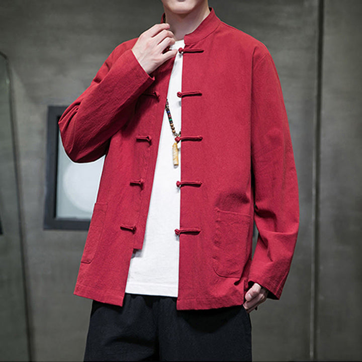 Veste en coton et lin pour homme avec poches et boutons de Buddha Stones de couleur unie