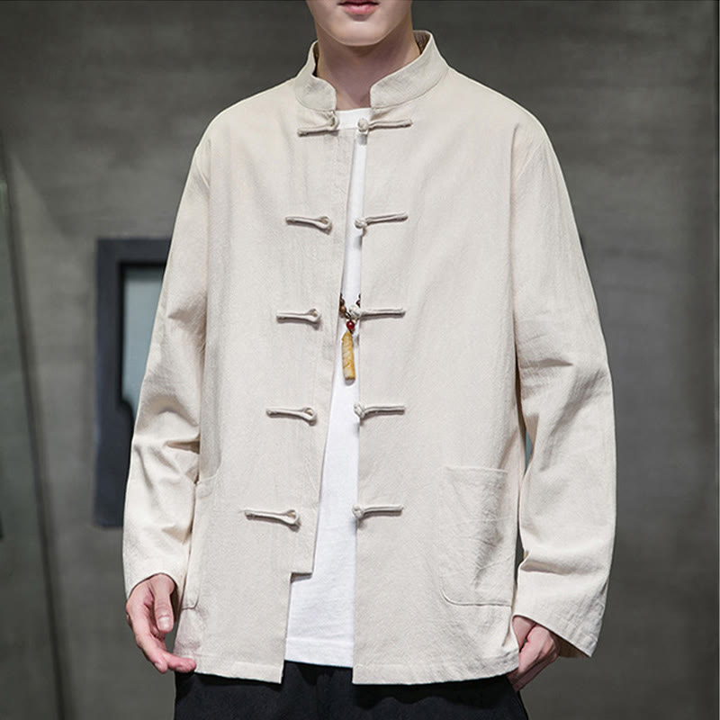 Veste en coton et lin pour homme avec poches et boutons de Buddha Stones de couleur unie