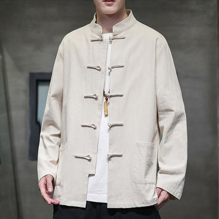 Veste en coton et lin pour homme avec poches et boutons de Buddha Stones de couleur unie