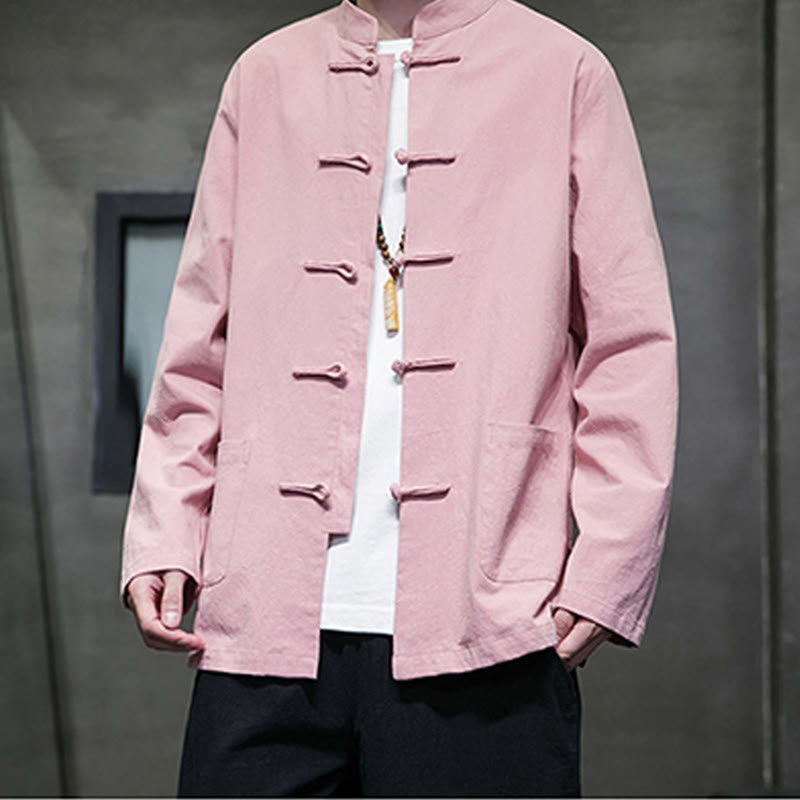 Veste en coton et lin pour homme avec poches et boutons de Buddha Stones de couleur unie