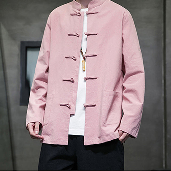 Veste en coton et lin pour homme avec poches et boutons de Buddha Stones de couleur unie