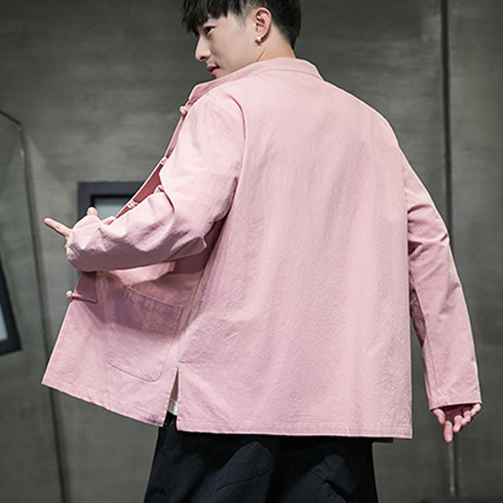 Veste en coton et lin pour homme avec poches et boutons de Buddha Stones de couleur unie
