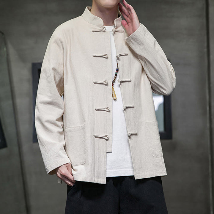 Veste en coton et lin pour homme avec poches et boutons de Buddha Stones de couleur unie