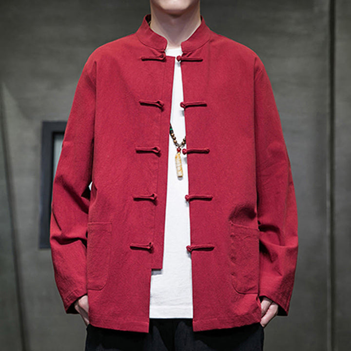 Veste en coton et lin pour homme avec poches et boutons de Buddha Stones de couleur unie