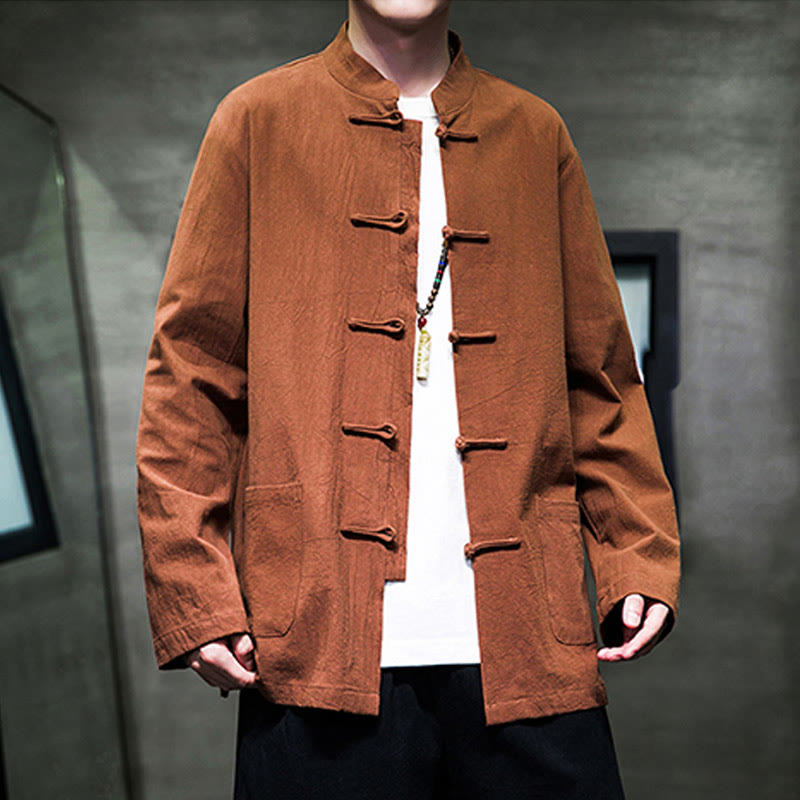 Veste en coton et lin pour homme avec poches et boutons de Buddha Stones de couleur unie