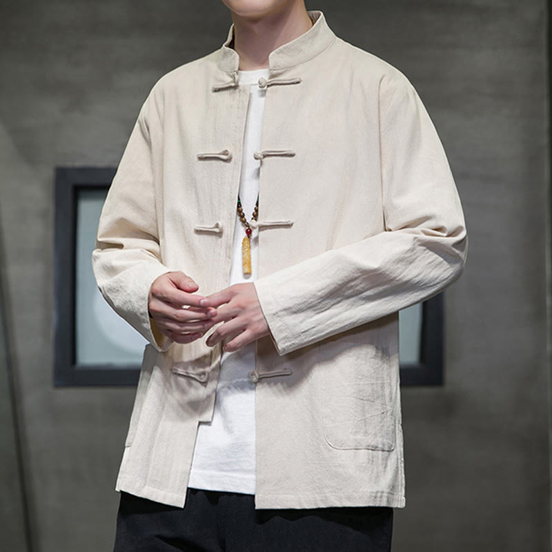 Veste en coton et lin pour homme avec poches et boutons de Buddha Stones de couleur unie
