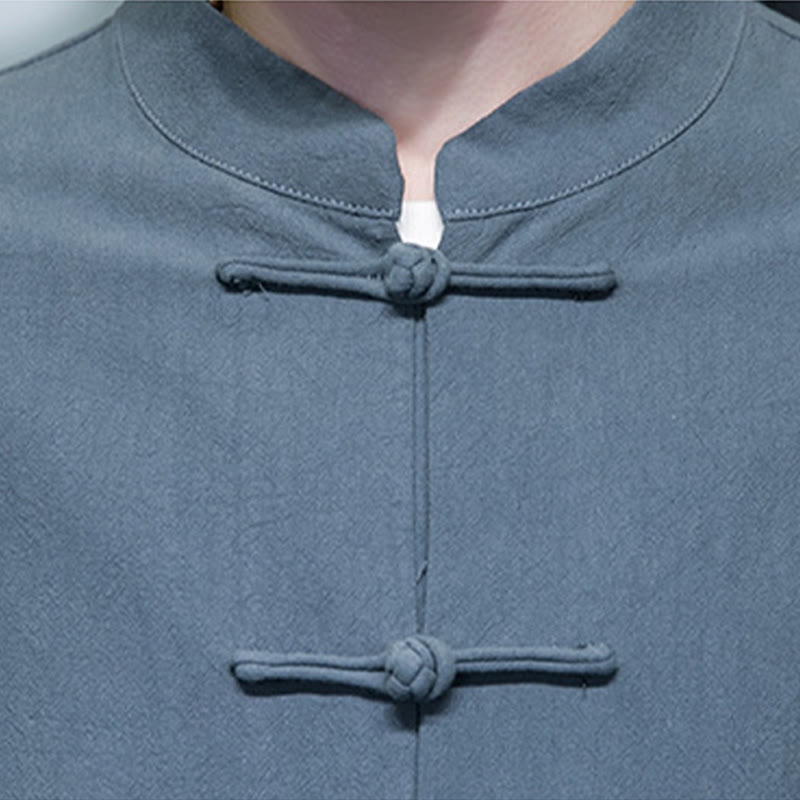 Veste en coton et lin pour homme avec poches et boutons de Buddha Stones de couleur unie