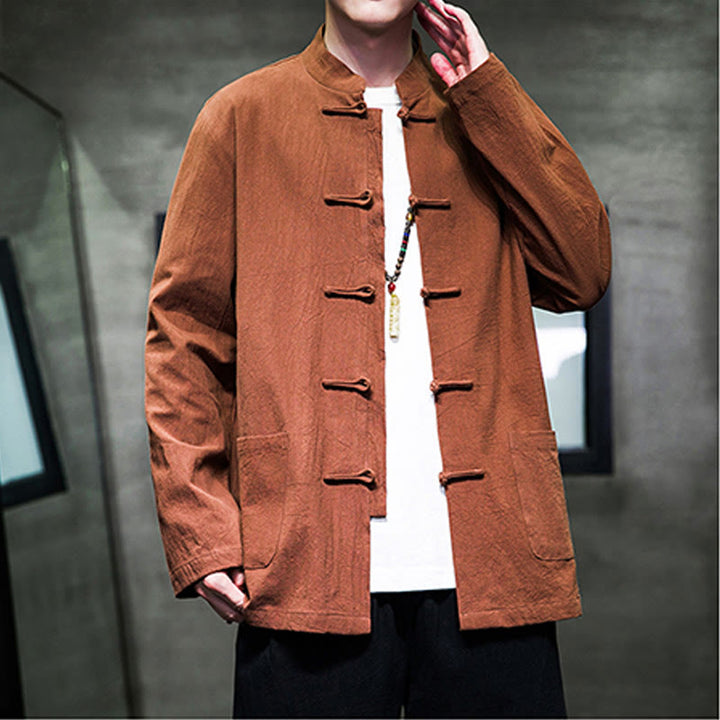 Veste en coton et lin pour homme avec poches et boutons de Buddha Stones de couleur unie