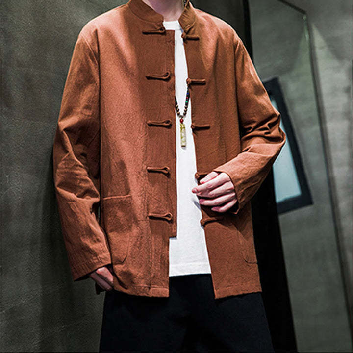Veste en coton et lin pour homme avec poches et boutons de Buddha Stones de couleur unie