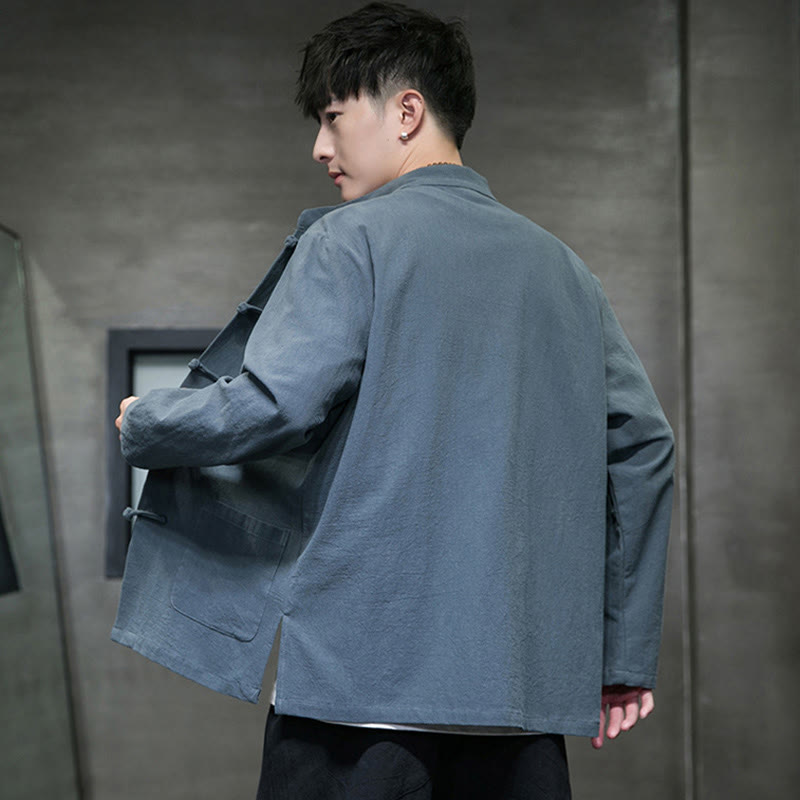 Veste en coton et lin pour homme avec poches et boutons de Buddha Stones de couleur unie