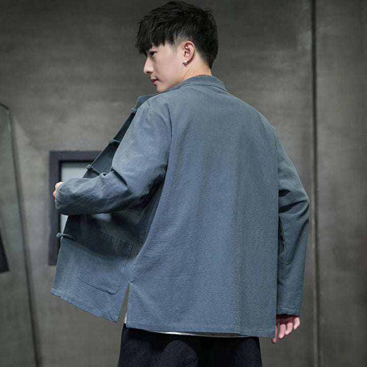 Veste en coton et lin pour homme avec poches et boutons de Buddha Stones de couleur unie