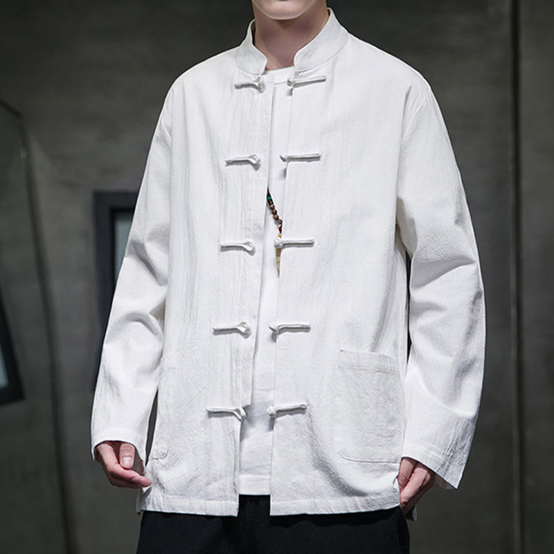 Veste en coton et lin pour homme avec poches et boutons de Buddha Stones de couleur unie