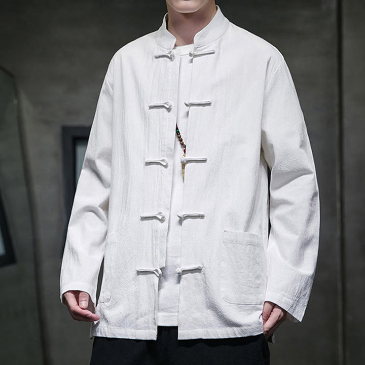 Veste en coton et lin pour homme avec poches et boutons de Buddha Stones de couleur unie