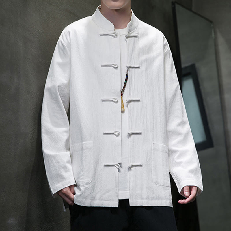 Veste en coton et lin pour homme avec poches et boutons de Buddha Stones de couleur unie