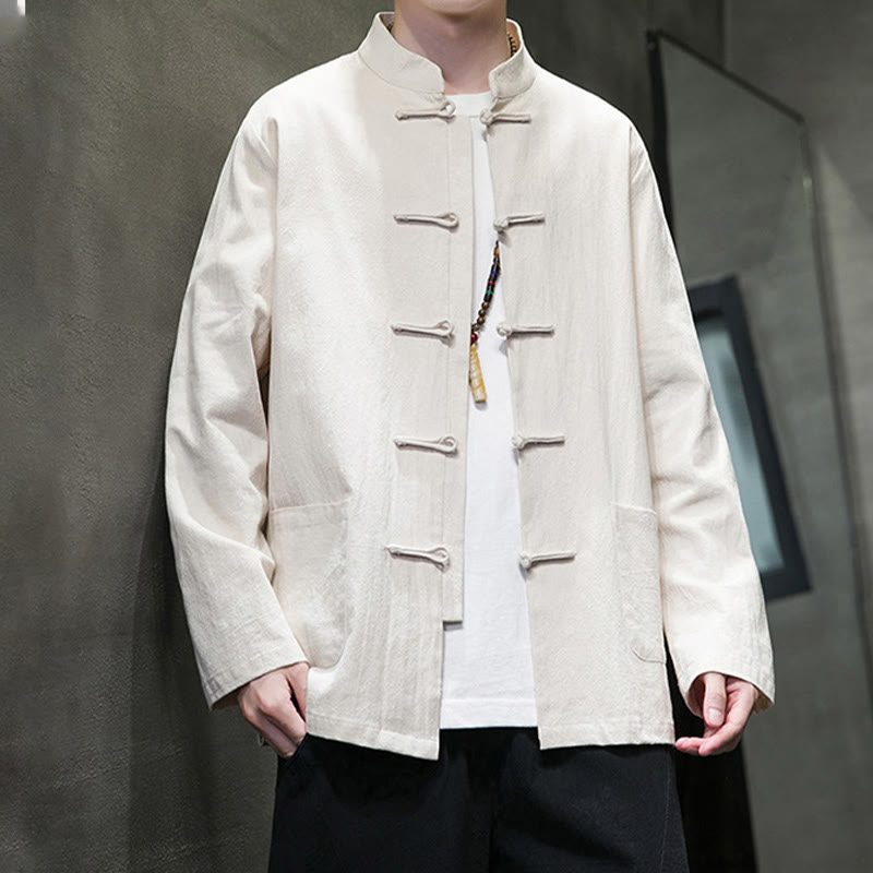Veste en coton et lin pour homme avec poches et boutons de Buddha Stones de couleur unie