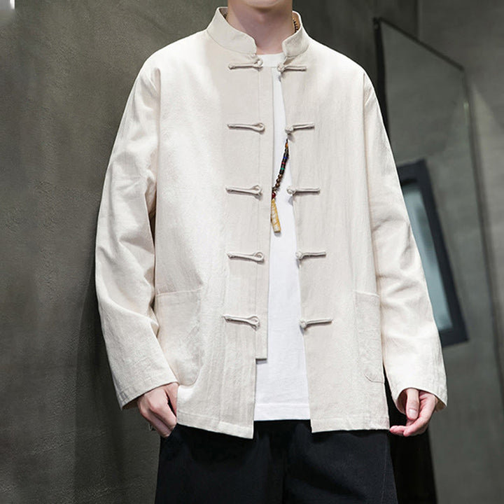 Veste en coton et lin pour homme avec poches et boutons de Buddha Stones de couleur unie