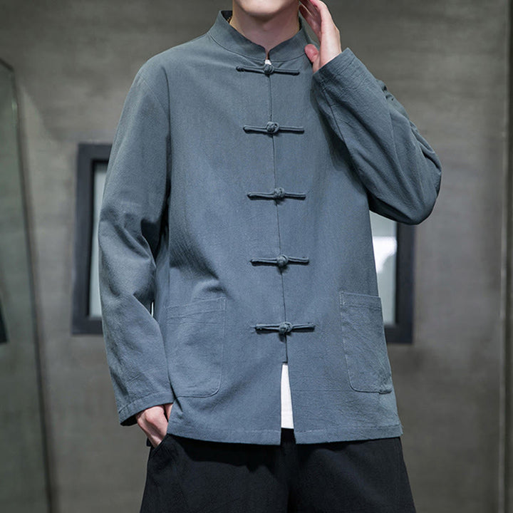 Veste en coton et lin pour homme avec poches et boutons de Buddha Stones de couleur unie