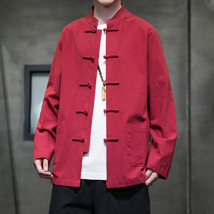 Veste en coton et lin pour homme avec poches et boutons de Buddha Stones de couleur unie