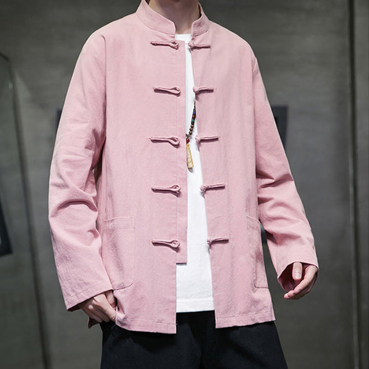 Veste en coton et lin pour homme avec poches et boutons de Buddha Stones de couleur unie