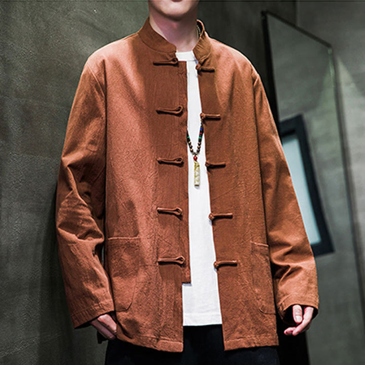 Veste en coton et lin pour homme avec poches et boutons de Buddha Stones de couleur unie