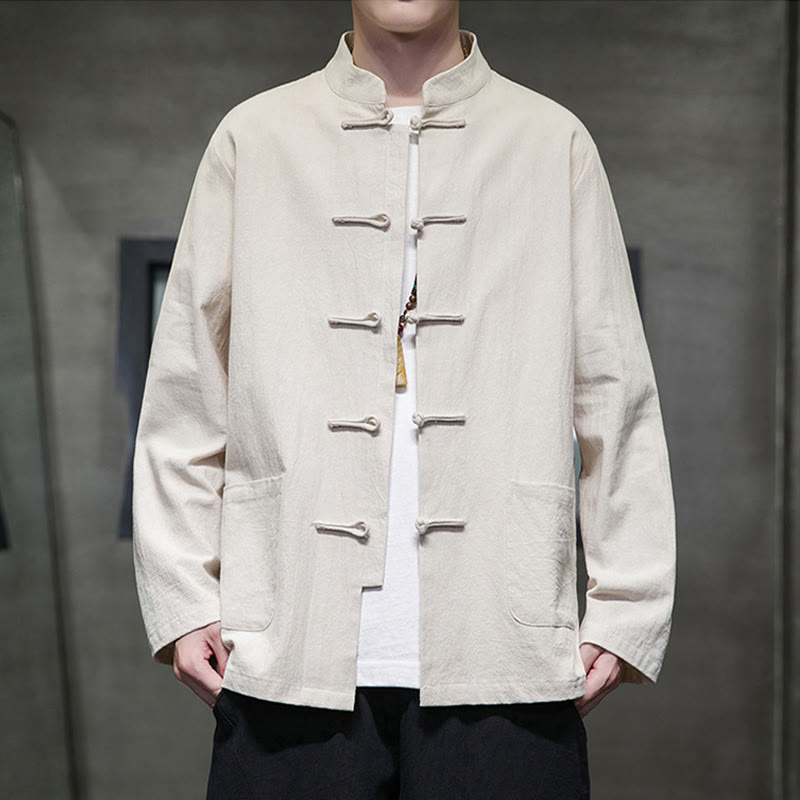 Veste en coton et lin pour homme avec poches et boutons de Buddha Stones de couleur unie