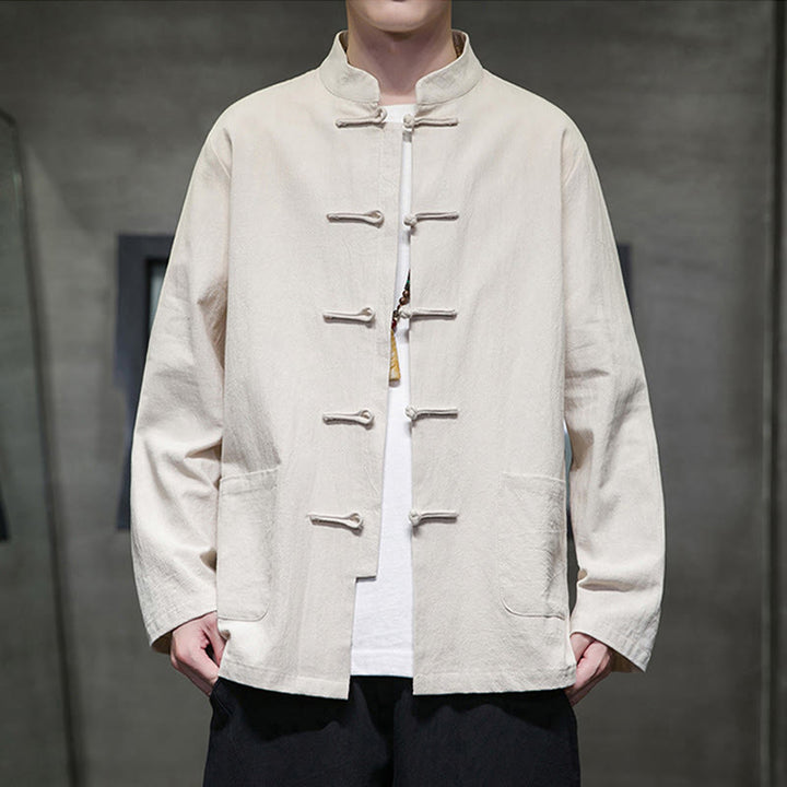 Veste en coton et lin pour homme avec poches et boutons de Buddha Stones de couleur unie