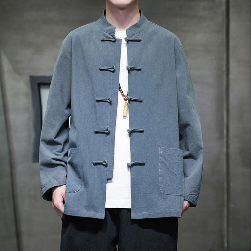 Veste en coton et lin pour homme avec poches et boutons de Buddha Stones de couleur unie - SteelBlue - US/UK/AU46，EU56 (5XL) - image 0