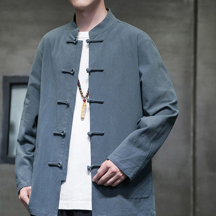 Veste en coton et lin pour homme avec poches et boutons de Buddha Stones de couleur unie