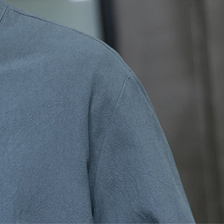 Veste en coton et lin pour homme avec poches et boutons de Buddha Stones de couleur unie - image 9