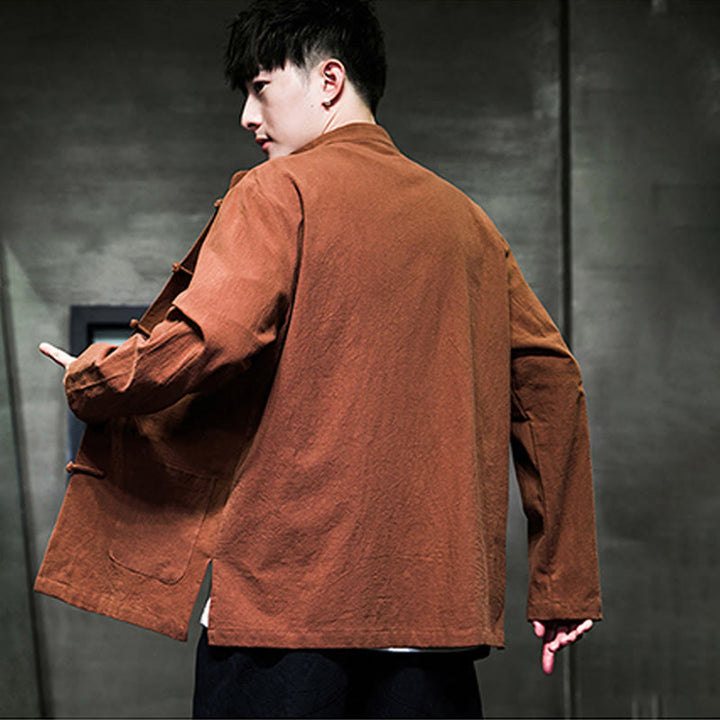 Veste en coton et lin pour homme avec poches et boutons de Buddha Stones de couleur unie