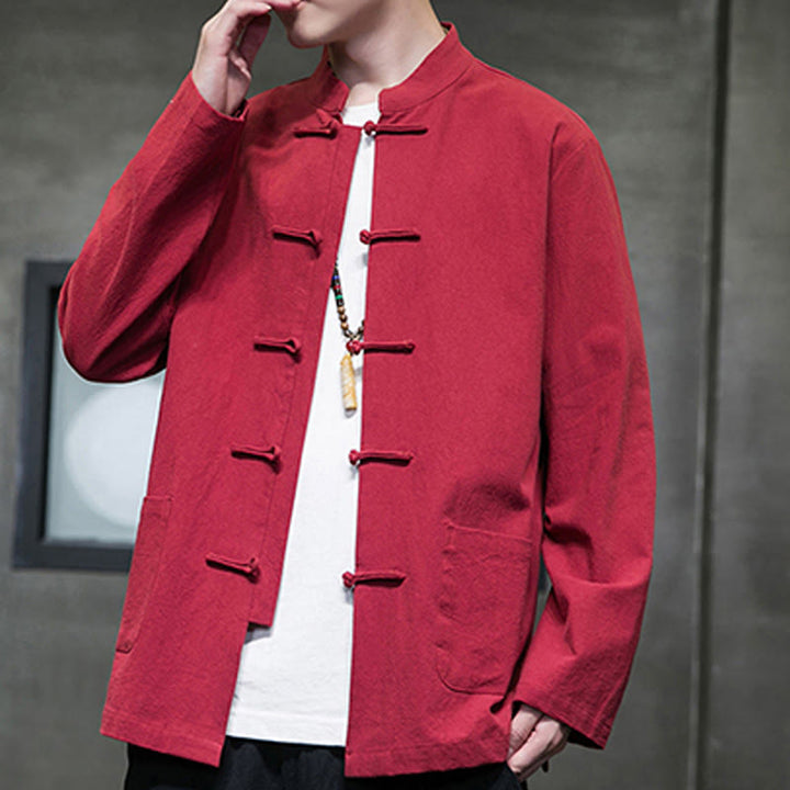 Veste en coton et lin pour homme avec poches et boutons de Buddha Stones de couleur unie