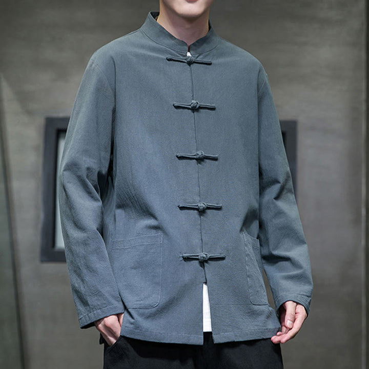 Veste en coton et lin pour homme avec poches et boutons de Buddha Stones de couleur unie