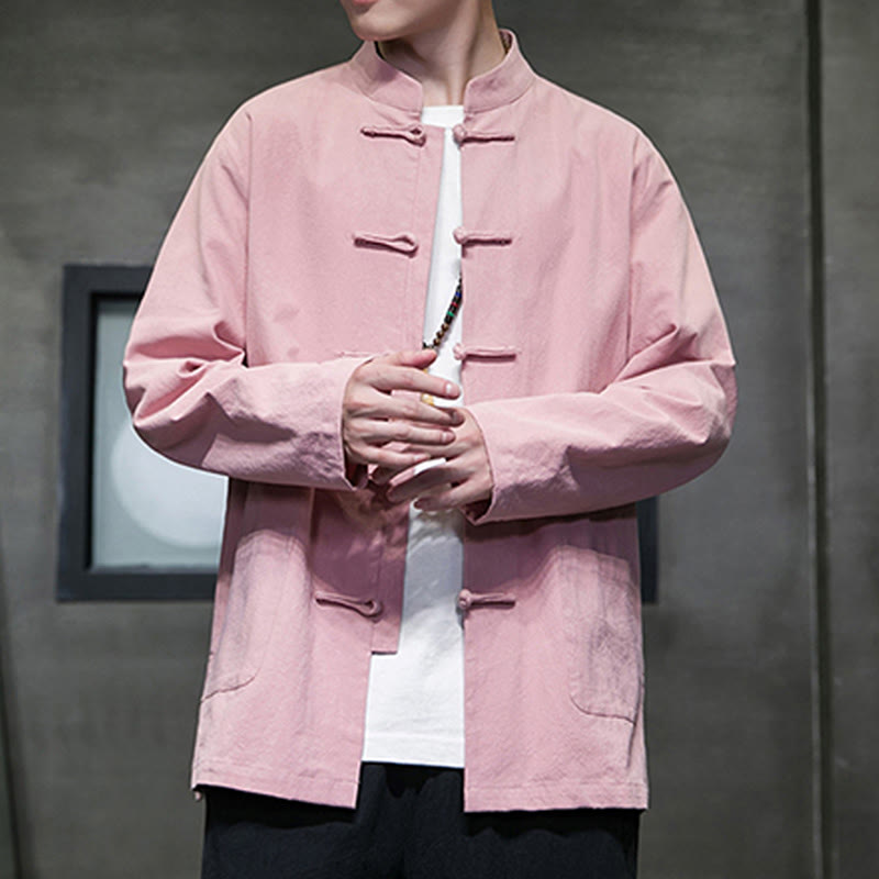 Veste en coton et lin pour homme avec poches et boutons de Buddha Stones de couleur unie