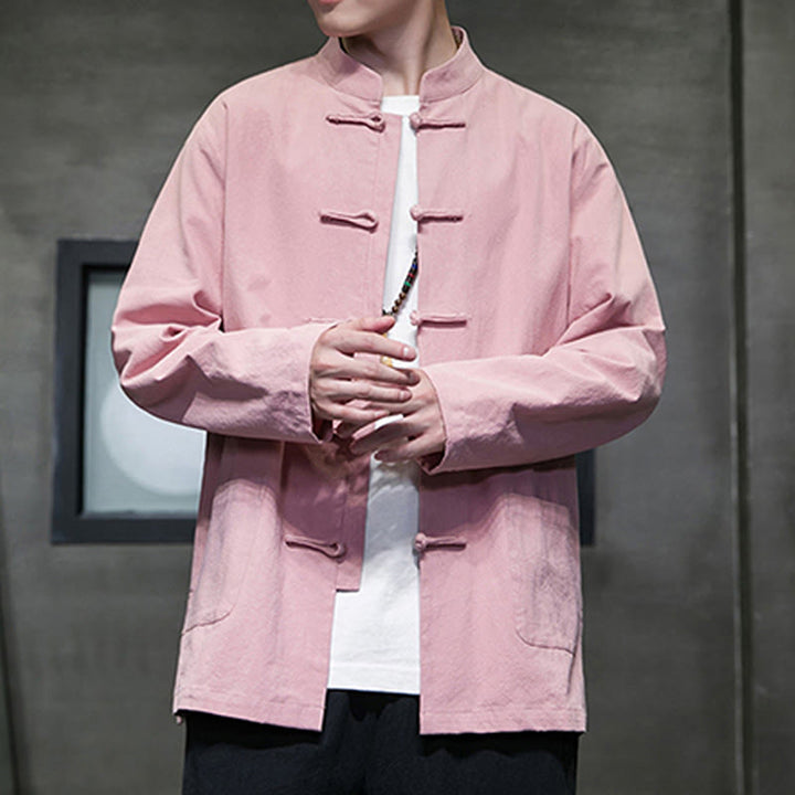 Veste en coton et lin pour homme avec poches et boutons de Buddha Stones de couleur unie