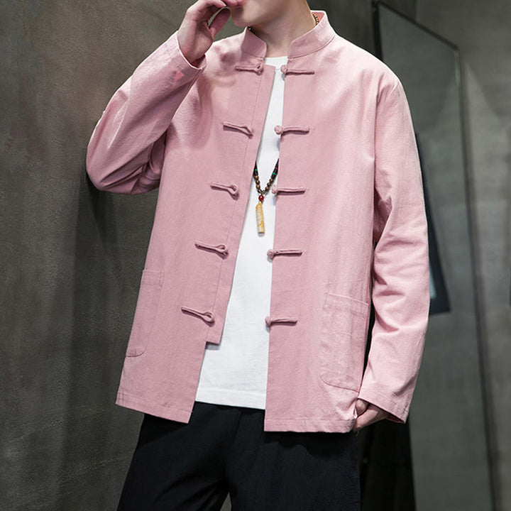 Veste en coton et lin pour homme avec poches et boutons de Buddha Stones de couleur unie