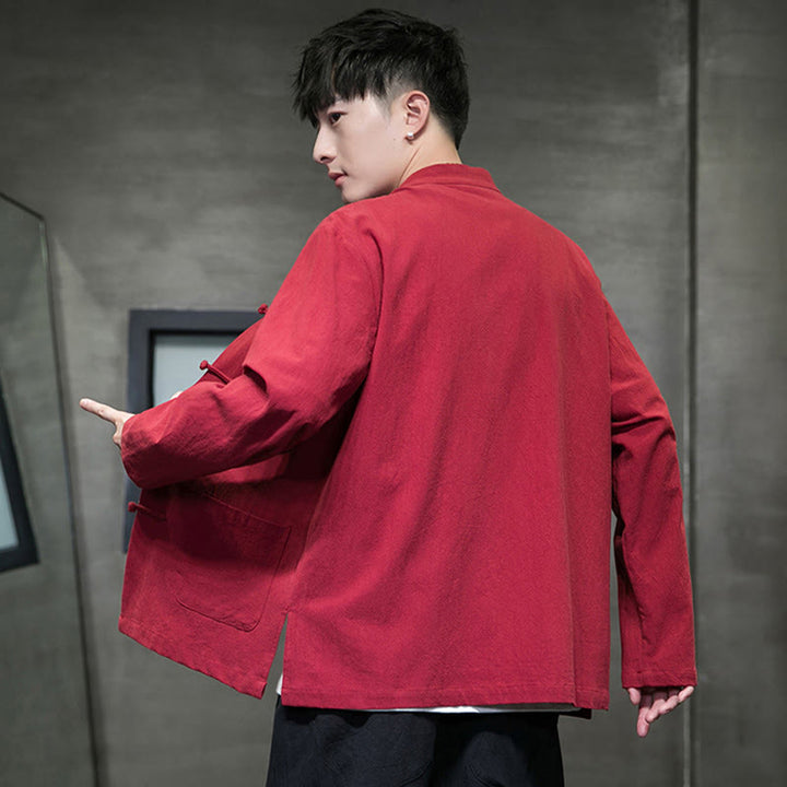 Veste en coton et lin pour homme avec poches et boutons de Buddha Stones de couleur unie